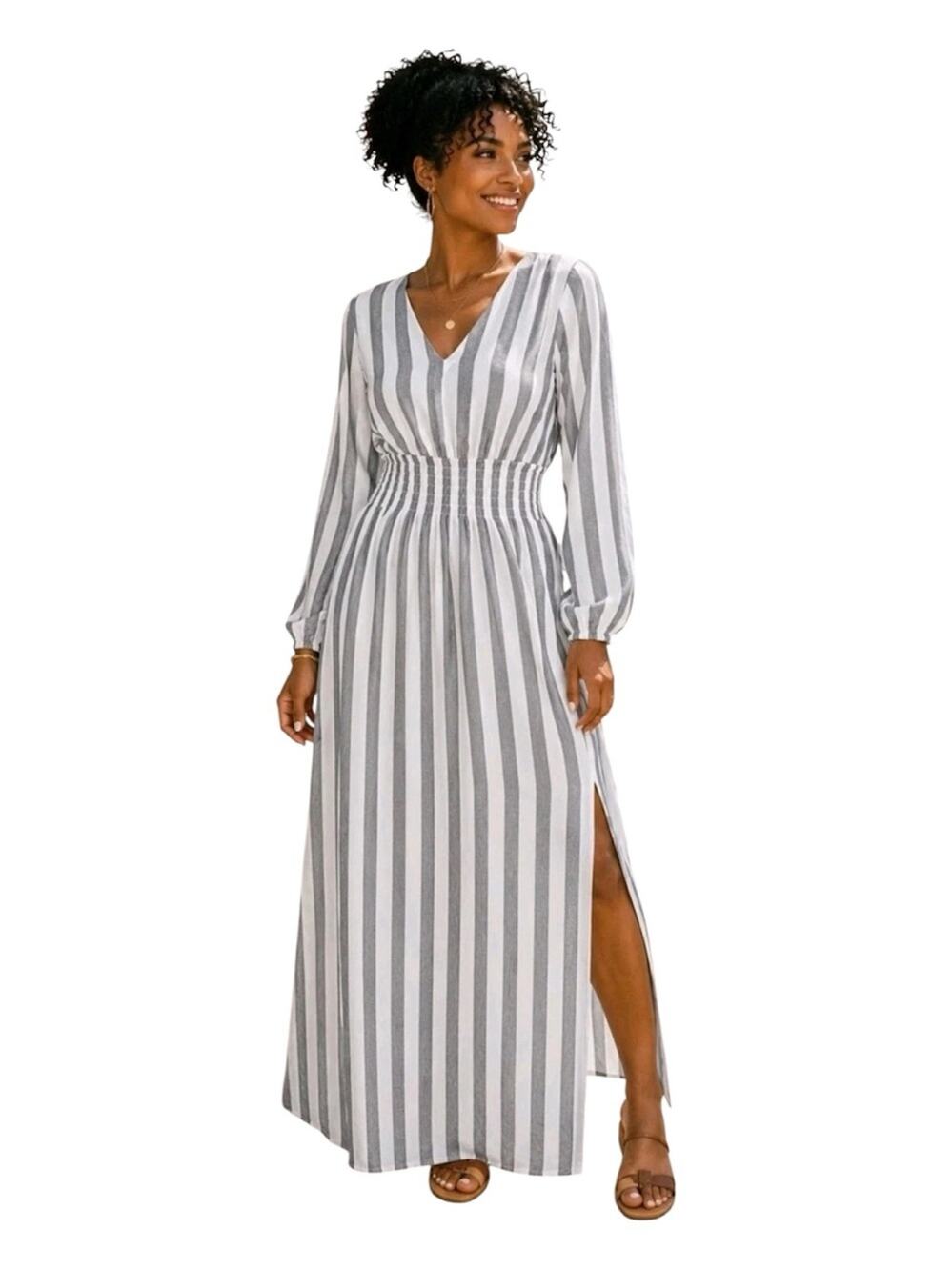 Fraiche by J Forest White Stripe smocked Maxi Dress